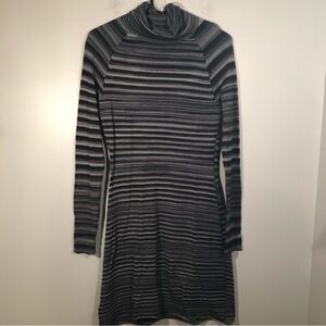 Prana Striped Turtleneck Sweater Dress M Black Gray Sheath Midi Cozy Stretch